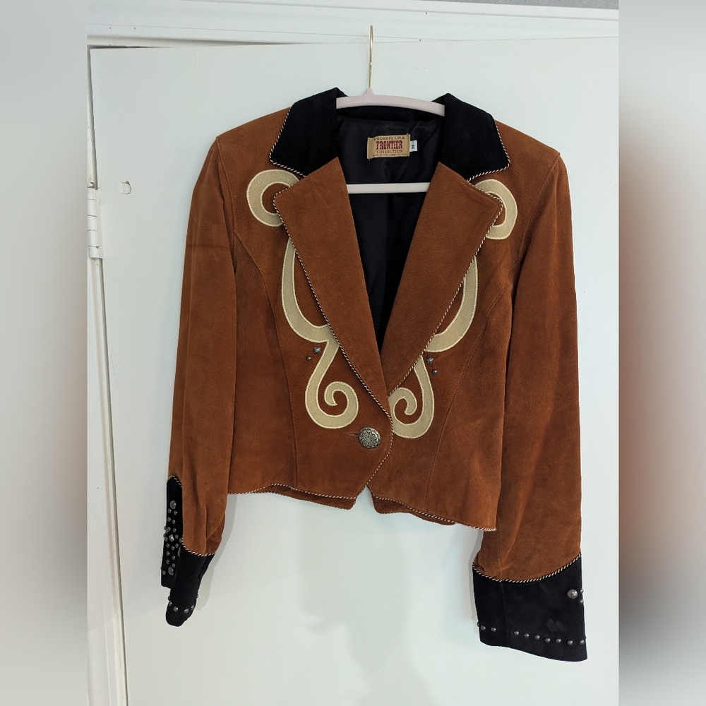 Vintage 90s Western Real Suede Leather Jacket With Concho And Stud Embellishment